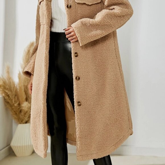 Khaki Casual Boho Drop Shoulder Flap Pocket Teddy Coat - Picture 4 of 5